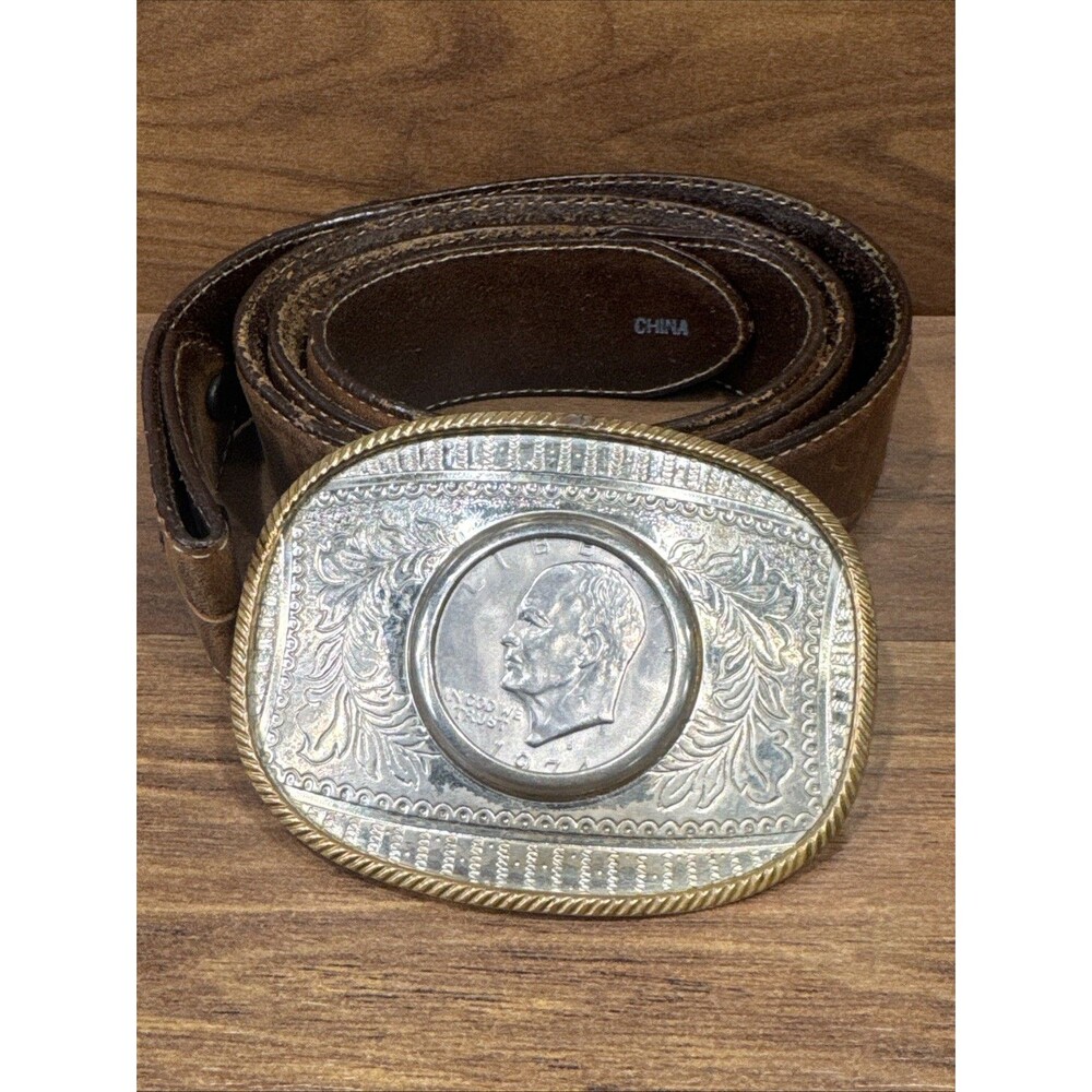 German Silver Western Americana Belt Buckle W/Interchangeable Coin Motif & Belt
